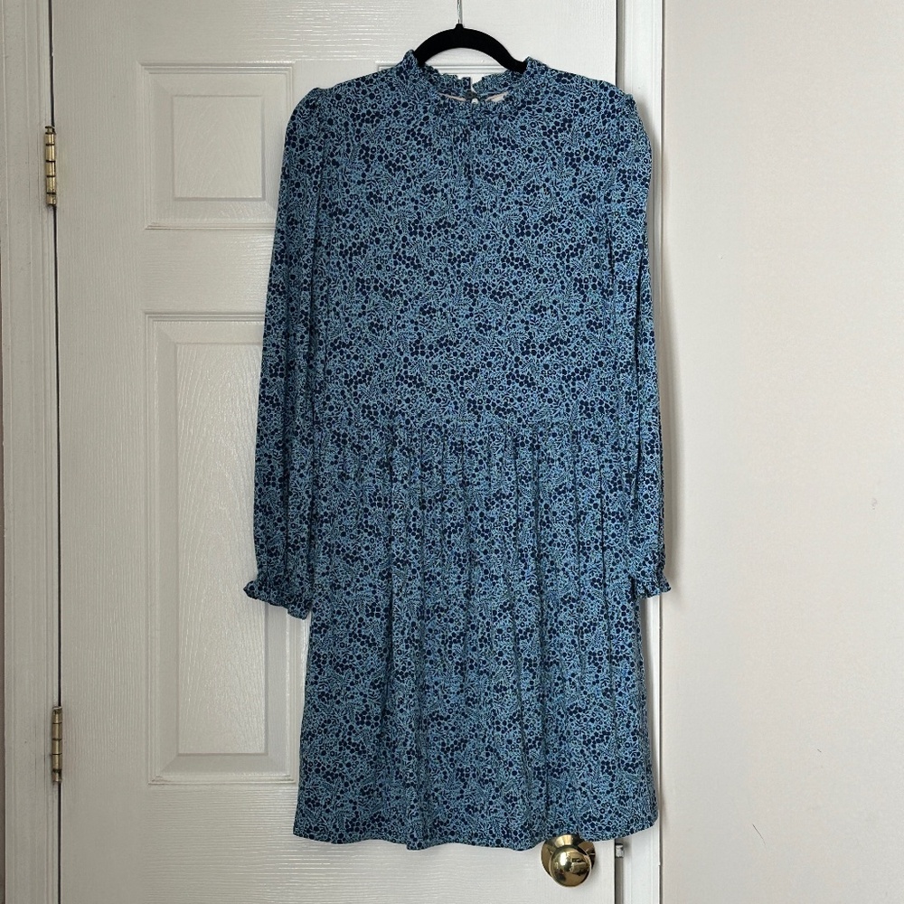 Boden Blue Paisley Print Long Sleeve Ruffle Dress Size 12 Regular Midi Knee